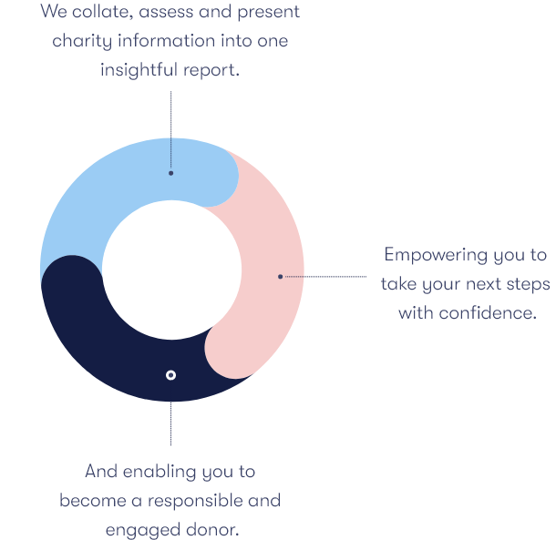 A chart showing the three stages of the Charizone process: We collate, assess and present charity information into one insightful report; empowering you to take your next steps with confidence and enabling you to become a responsible and engaged donor.